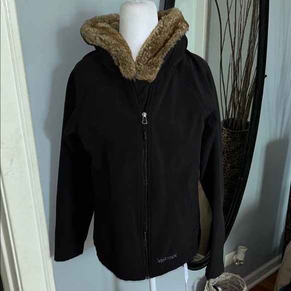 Marmot Black Jacket with Tan Faux Fur Hood - Picture 2 of 10